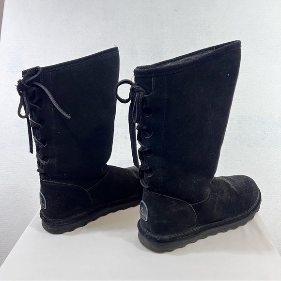 Bearpaw Boots Womens 9 Black Mid Calf Suede Faux Fur Trim Pull On Lace Up - Picture 5 of 10